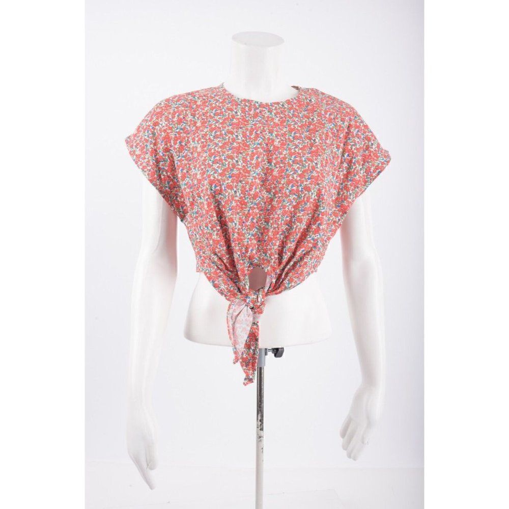 Zara Womens Knotted Crop Top S Front Tie Red Multi-Color Floral 0264/191 NWT